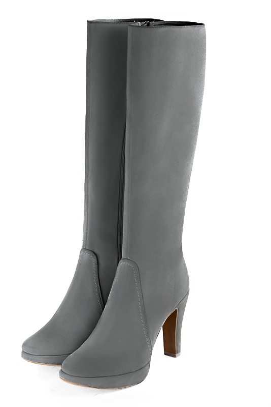Dove grey women's feminine knee-high boots. Round toe. Very high slim heel with a platform at the front. Made to measure. Front view - Florence KOOIJMAN